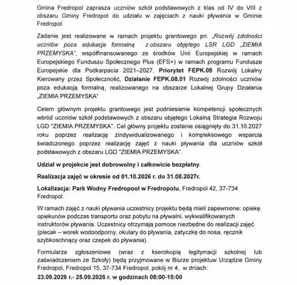 Gmina Fredropol stawia na naukę pływania – rusza nabór do bezpłatnego projektu dla uczniów