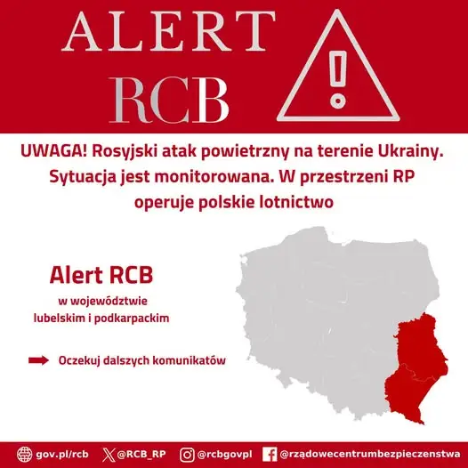 Alert RCB dla Podkarpacia i Lubelszczyzny: rosyjski atak powietrzny na Ukrainę, polskie lotnictwo w akcji