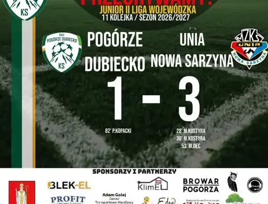 Juniorzy Pogórza Dubiecko przegrywają z Unią Nowa Sarzyna 1:3