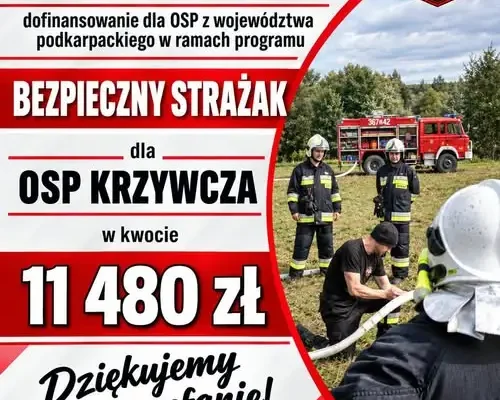 OSP Krzywcza z dotacją 11 480 zł na sprzęt strażacki. Trwa zapytanie ofertowe