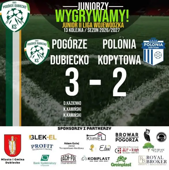 Juniorzy Pogórza Dubiecko wygrali z Polonią Kopytowa 3:2